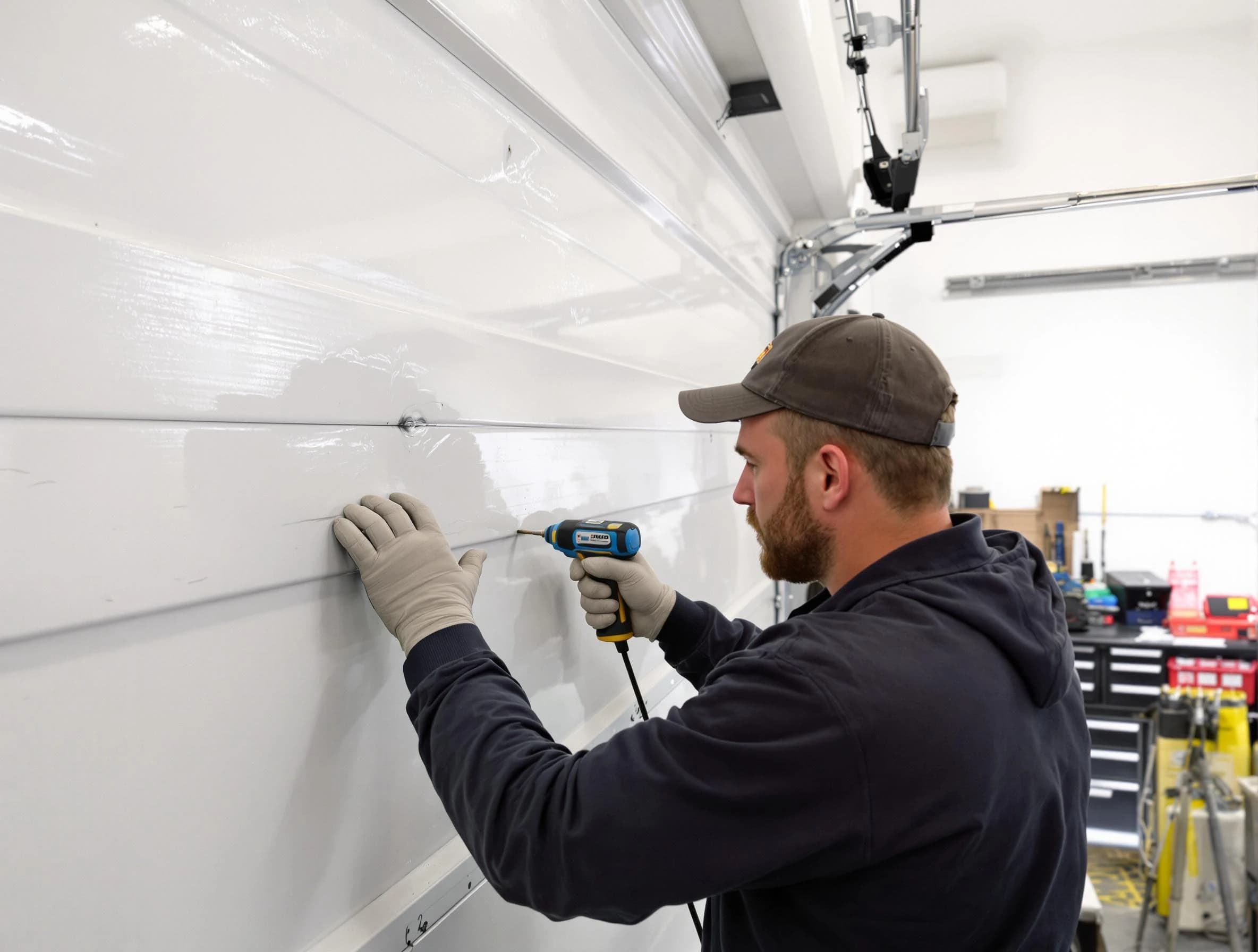 Glendale Garage Door Repair technician demonstrating precision dent removal techniques on a Glendale garage door